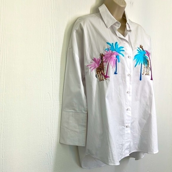 Top Shop - Giraffe Pink And Blue Palm Tree Button Down White Shirt Size 6 - Picture 6 of 13